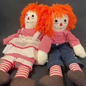 Vintage Pair Raggedy Ann & Andy Dolls, 24" Plush Toys, Bright Orange Hair